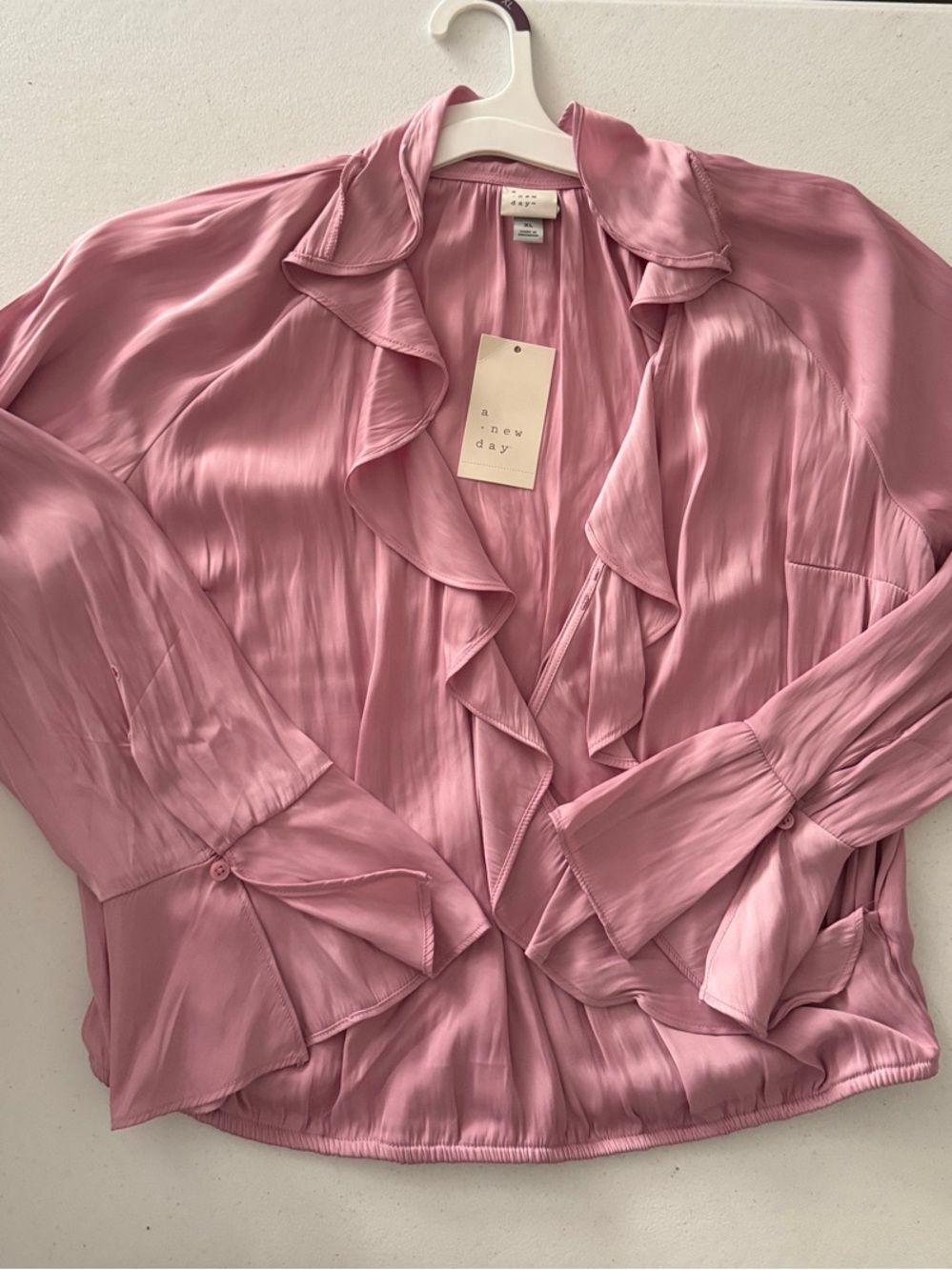 a new day Rose Pink Ruffle Satin Blouse